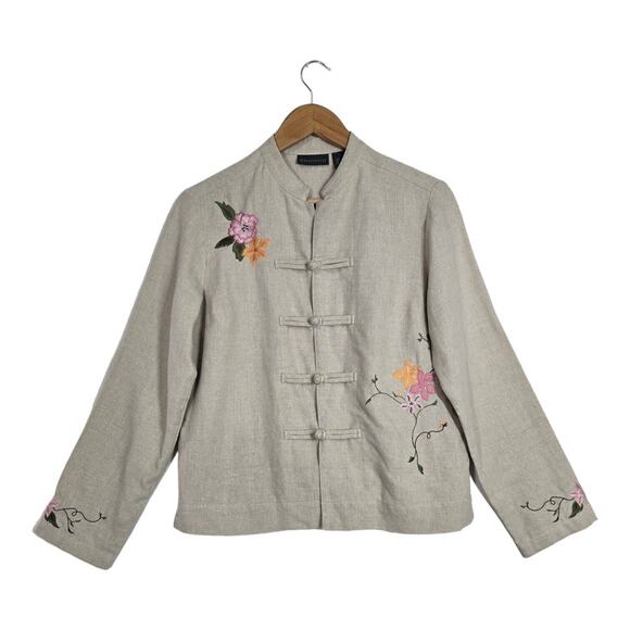 Relativity Linen Jacket Sz S Beige Pink Green Floral Embroider Coquette Coastal - Picture 1 of 14